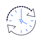 Blue and navy outline of a clock with arrows